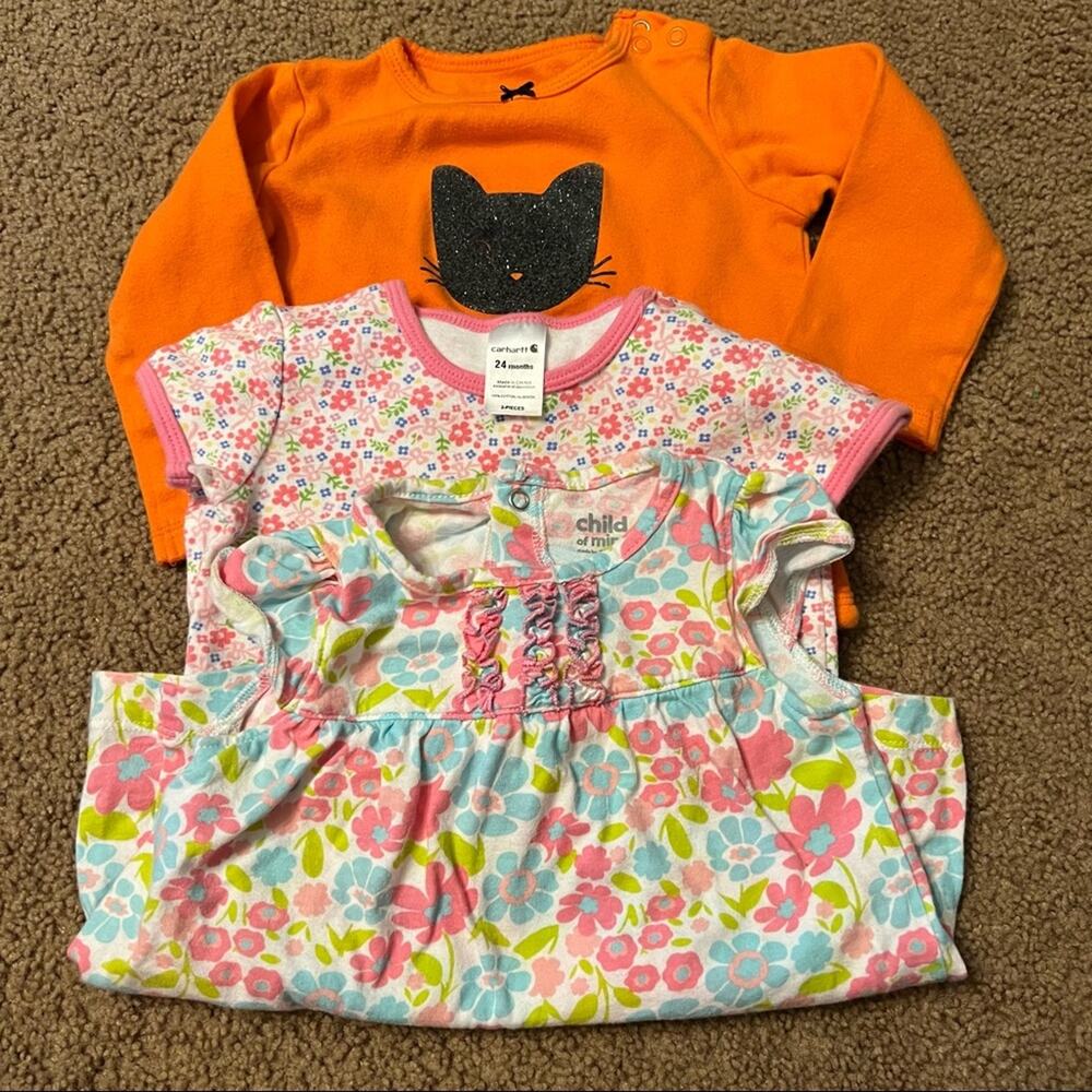 3 Piece LOT of Girls 24 Months Halloween Black Cat Bodysuit Floral & Birdie